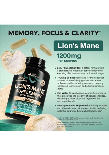 Nutraharmony Organic Lions Mane - Made In Usa 1200 Mg Memory & Focus Support 120 Capsules. fırsatları