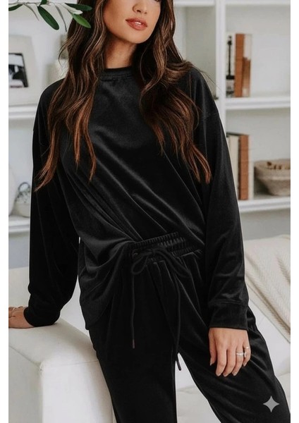 Mdb Kadın Uzun Kollu Yuvarlak Yakalı Kadife Bluz ve Pantolon Takım