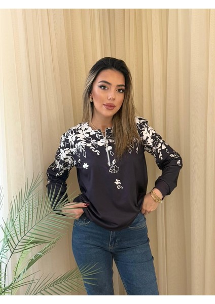 Kadın Uzun Kollu Önden Fermuarlı Çiçek Desenli Şardonlu Dalgıç Bluz fiyatları