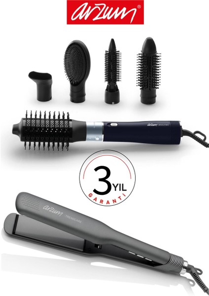 Revolution Hava Üflemeli 5'i 1 Arada Şekillendirici + Arzum Trendcare Geniş Saç Düzleştirici Seramik Turmalin Plaka Antrasit