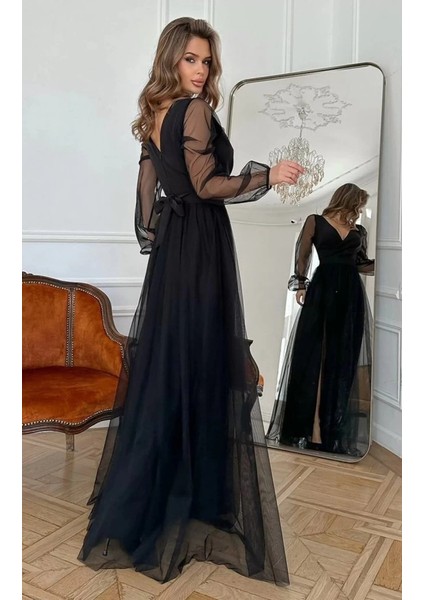 Mdb Kadın Uzun Kollu Kruvaze Yakalı Belden Kuşaklı Tüllü Uzun Ithal Krep Elbise fırsatları