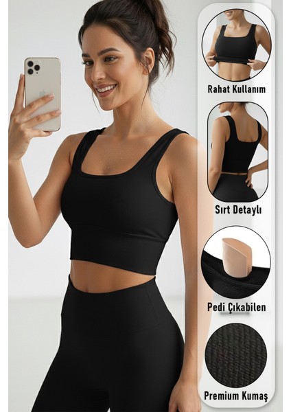 Kadın Pamuklu Siyah Kalın Askılı Crop Pedli Spor Sütyeni Yarım Atlet Büstiyer