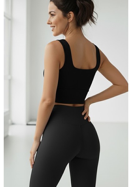 Kadın Pamuklu Siyah Kalın Askılı Crop Pedli Spor Sütyeni Yarım Atlet Büstiyer fırsatları
