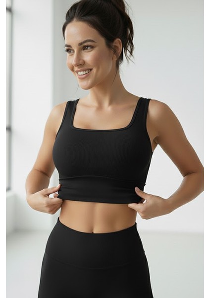 Kadın Pamuklu Siyah Kalın Askılı Crop Pedli Spor Sütyeni Yarım Atlet Büstiyer indirimleri