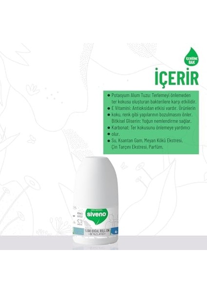 Siveno %100 Doğal Roll On Beyazlatıcı Etkili Deodorant Ter Kokusu Önleyici Bitkisel Lekesiz Vegan 50 ml