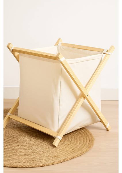 Ahşap Kirli Sepeti Çamaşır ve Oyuncak Organizer Sepet - Keten Kumaş Çok Amaçlı Sepet