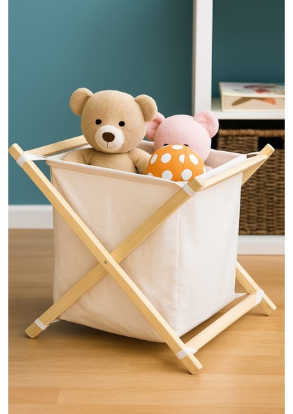 Ahşap Kirli Sepeti Çamaşır ve Oyuncak Organizer Sepet - Keten Kumaş Çok Amaçlı Sepet indirimleri