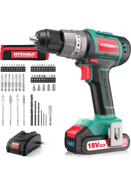 Tornavida 60 Nm Maks, 18 V Matkap, 2 x 2,0 Ah Akü ve 57 Parça Aksesuar Seti, Fırçasız Motor, 2 Vites, 21 + 3 Tork Kademesi, Çekiç Fonksiyonlu Matkap