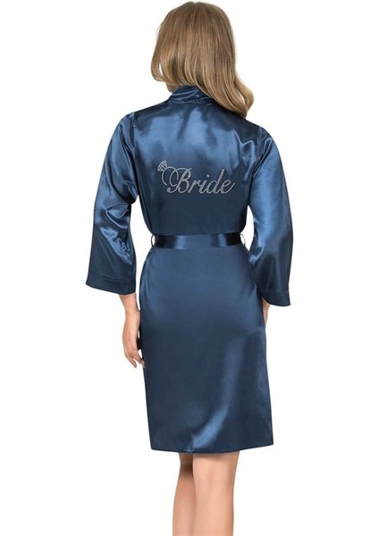 Lacivert Kısa Saten Bride Sabahlık