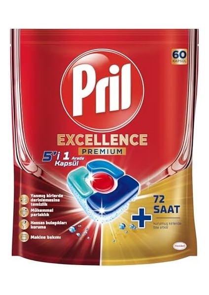 Pril Excellence 5'i 1 Arada Bulaşık Makinesi Deterjanı, 60 Kapsül