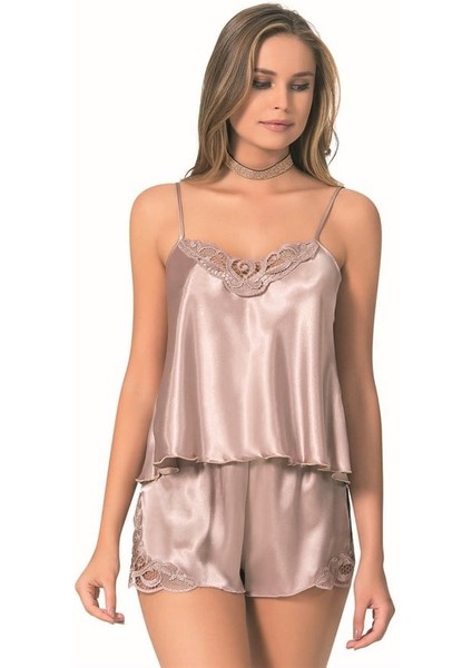 Vizon Saten Babydoll Şort Takımı