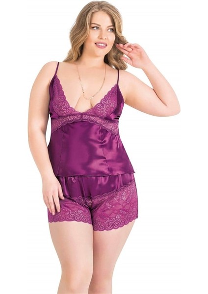 Büyük Beden Mor Saten Babydoll Şort Takımı