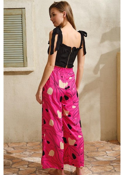 Kalın Askılı Viskon Çiçek Desenli Sırt Aksesuarlı Yazlık Dantel Detaylı Pijama Altı