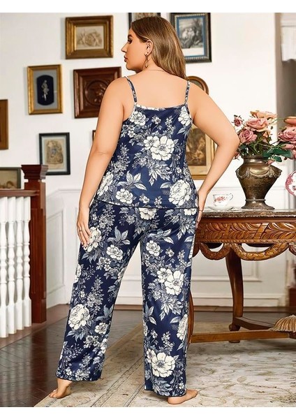 Büyük Beden Çiçek Desenli Ince Askılı Lacivert 2'li Takım fırsatları