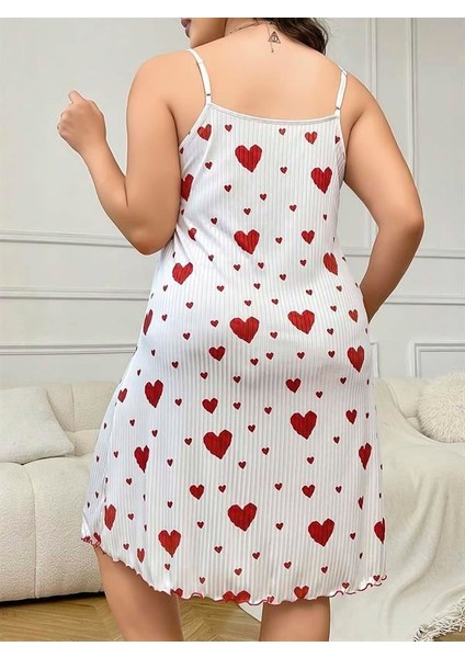 Büyük Beden Kalp Desen Pamuklu Ince Askılı Uzun Gecelik