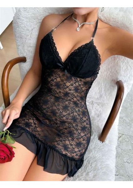 Siyah Dantel Işlemeli Boyundan Bağlamalı Likralı Fantezi Tül Gecelik