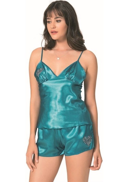 Petrol Saten Babydoll Şort Takımı