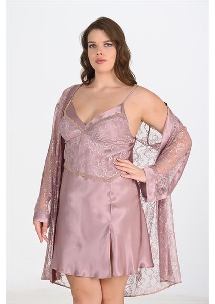 Büyük Beden 2li Vizon Sabahlık Takımı Bigsize 6205 modelleri