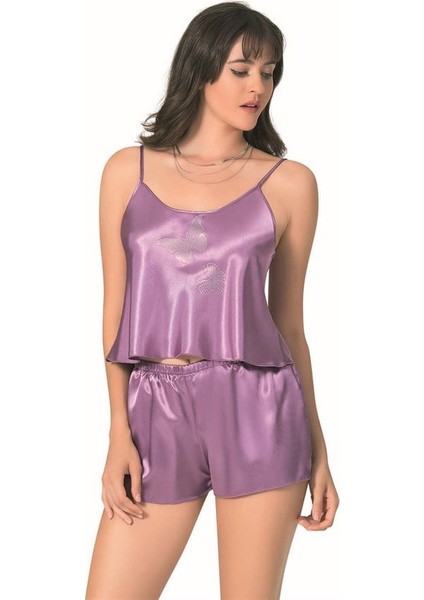 Lila Saten Babydoll Şort Takımı