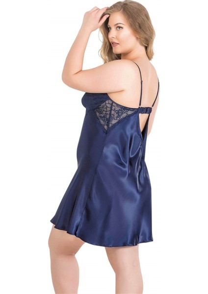 Büyük Beden Lacivert Kısa Ikili Saten Sabahlık Gecelik Takımı