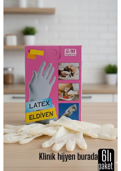 6'lı Kutulu Latex Eldiven Hijyenik, Esnek ve Çok Amaçlı Kullanım Için 722247