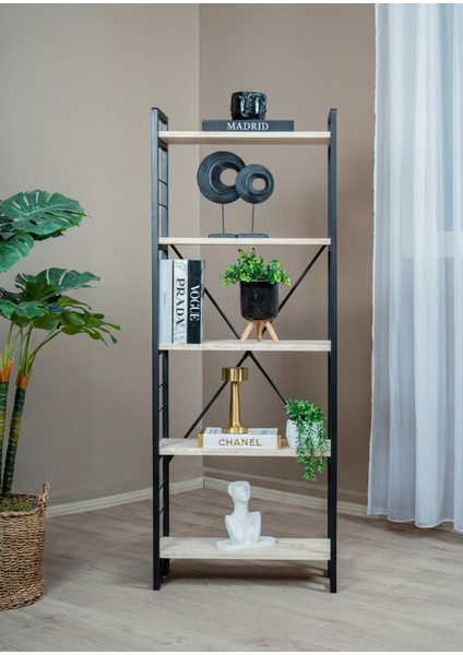 5 Katlı Traverten Ahşap Raflı Metal Kitaplık