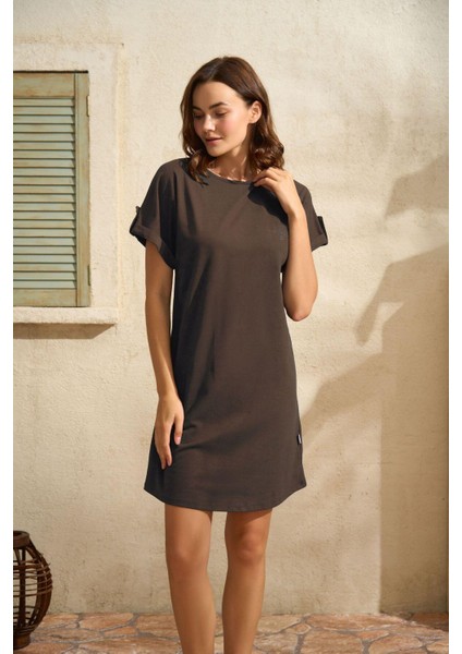 Günlük Kısa Kol Bisiklet Yaka Cotton Düz Yazlık Kısa Kahve Pijama Takımı fiyatları