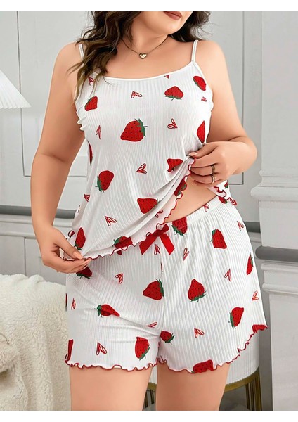 Büyük Beden Çilek Desen Pamuklu Şortlu Pijama Takımı modelleri