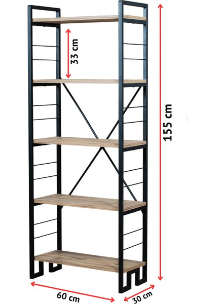 5 Katlı Traverten Ahşap Raflı Metal Kitaplık