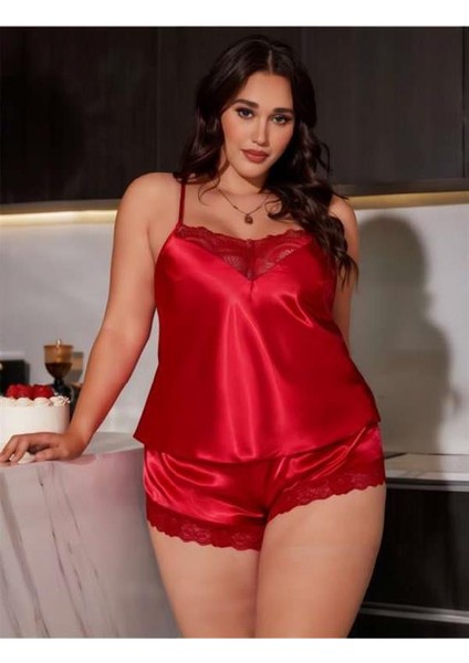 Büyük Beden Kırmızı Dantel Işlemeli Saten Şortlu Takım fiyatları