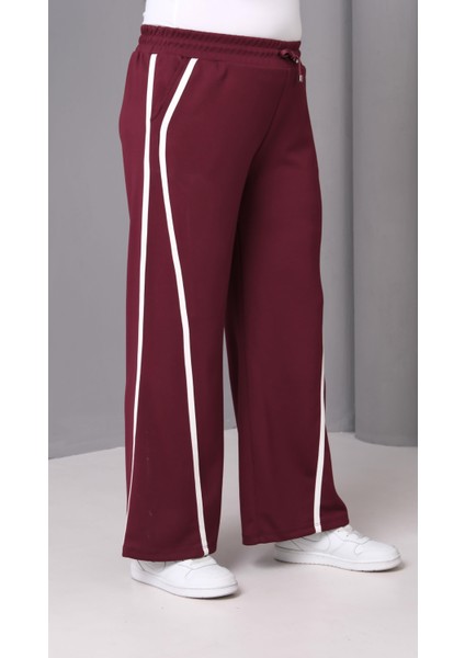 Kadın Büyük Beden Ekstra Rahat Kalıp Çizgili Bordo Eşofman Altı