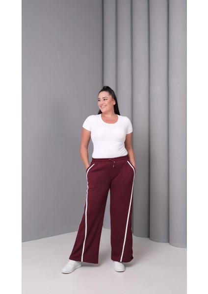 Kadın Büyük Beden Ekstra Rahat Kalıp Çizgili Bordo Eşofman Altı fiyatları