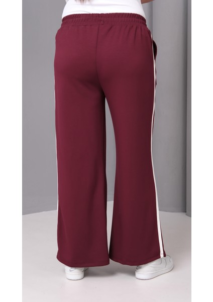 Kadın Büyük Beden Ekstra Rahat Kalıp Çizgili Bordo Eşofman Altı modelleri