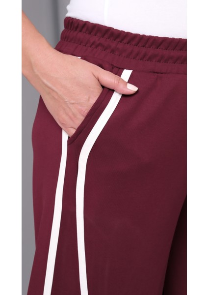 Kadın Büyük Beden Ekstra Rahat Kalıp Çizgili Bordo Eşofman Altı fırsatları