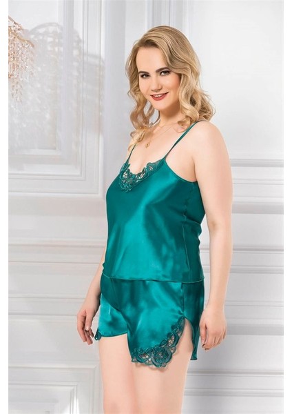 Büyük Beden Zümrüt Saten Babydoll Şort Takımı