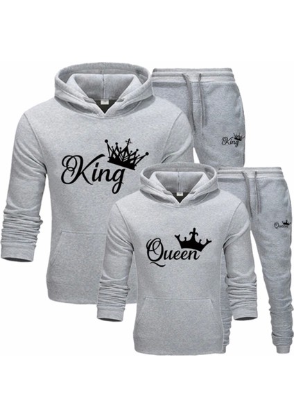Büyük Beden Özel Tasarım King & Queen Baskılı Kapüşonlu Kışlık Sevgili Kombini Eşofman Takımı.1 Adet Fiyatıdır