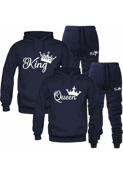 Büyük Beden Özel Tasarım King & Queen Baskılı Kapüşonlu Kışlık Sevgili Kombini Eşofman Takımı.1 Adet Fiyatıdır