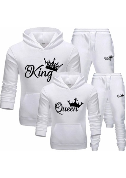 Büyük Beden Özel Tasarım King & Queen Baskılı Kapüşonlu Kışlık Sevgili Kombini Eşofman Takımı.1 Adet Fiyatıdır