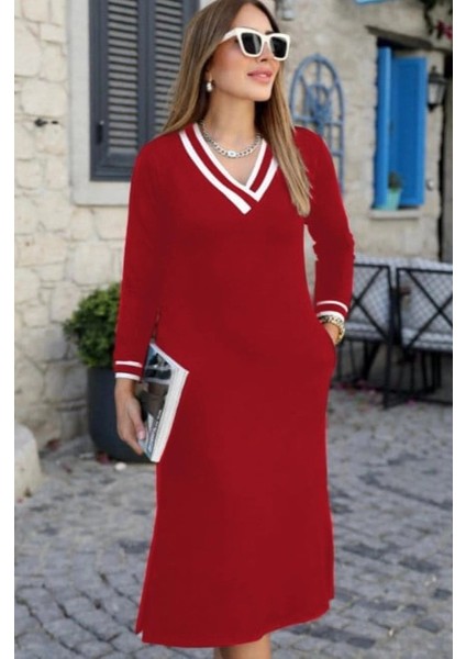 Mdb Kadın Uzun Kollu V Yakalı Yandan Yırtmaçlı Iki Iplik Midi Elbise fiyatları