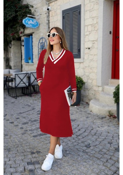 Mdb Kadın Uzun Kollu V Yakalı Yandan Yırtmaçlı Iki Iplik Midi Elbise modelleri