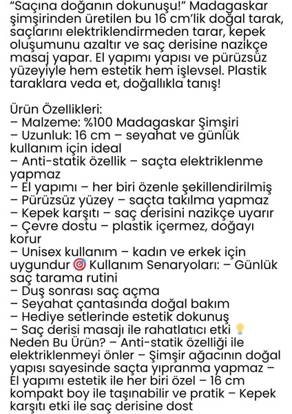 Doğal Şimşir Ahşap Tarak – 16 Cm, Anti-Statik, Kepek Karşıtı ve El Yapımı 722264 fiyatları
