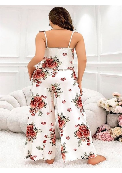 Büyük Beden Gül Desenli Ince Askılı Beyaz Salaş 2'li Takım fırsatları