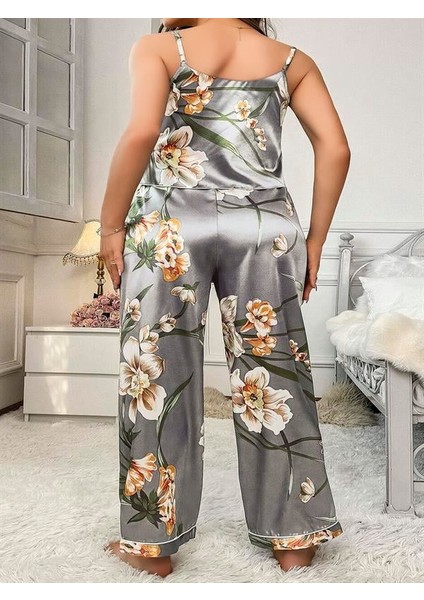Büyük Beden Çiçek Desenli Ince Askılı Gri 2'li Takım fırsatları