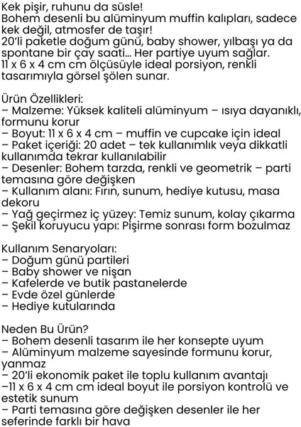 Bohem Dikdörtgen Kek Kalıbı , Alüminyum Cupcake Muffin Kalıbı 20'li Paket 722259 modelleri