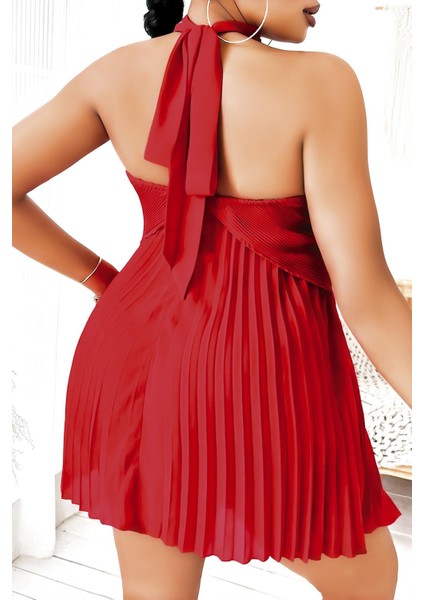 Büyük Beden Kırmızı Fırfırlı Boyundan Bağlamalı Gecelik fiyatları