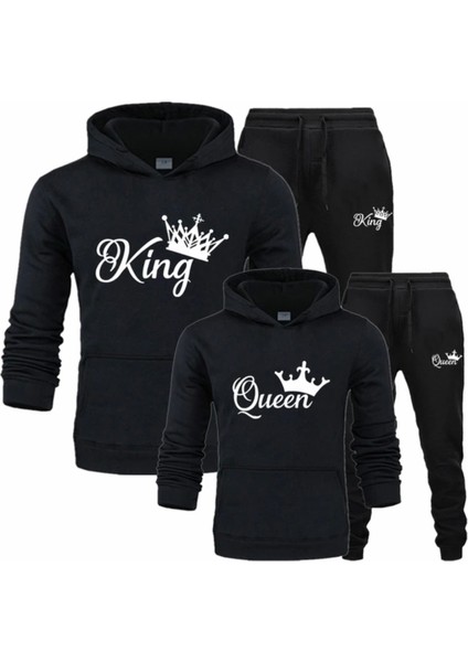 Büyük Beden Özel Tasarım King & Queen Baskılı Kapüşonlu Kışlık Sevgili Kombini Eşofman Takımı.1 Adet Fiyatıdır