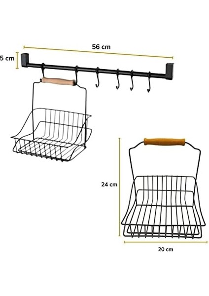 Retro Ferforje Askılı Siyah Ahşap Kulplu Düzenleyici Mutfak Sepeti modelleri