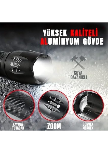 Güçlü LED El, 10W Ultra Parlak Işık, 5 Farklı Mod, Zoom Özellikli, Dayanıklı Aluminyum Gövde modelleri