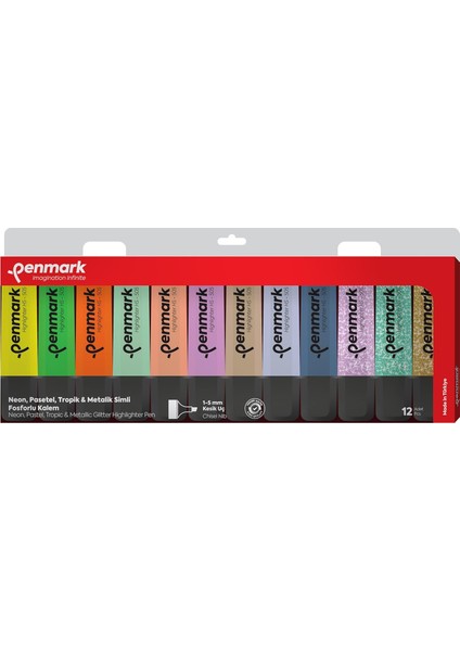 Fosforlu 12'li Asetat Karışık Renk 3 Neon ve 3 Pastel ve 3 ve 3 Simli