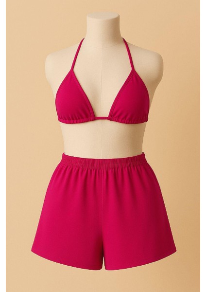 Kadın Fuşya Şortlu Belden ve Boyundan Bağlamalı Bikini Takımı fiyatları